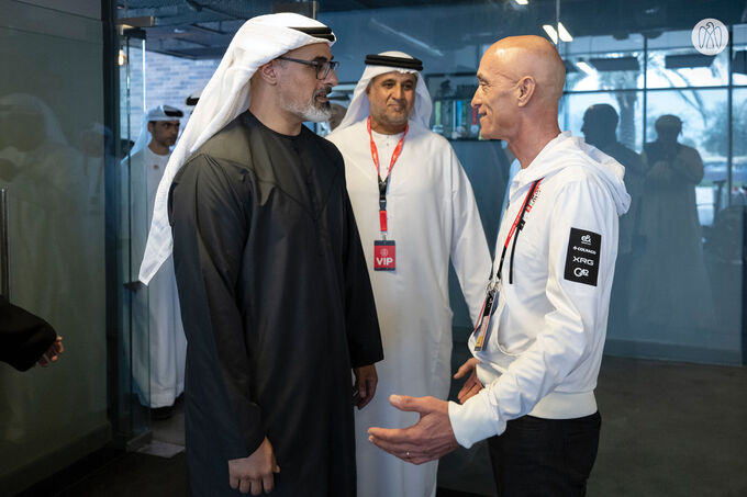 Khaled bin Mohamed bin Zayed meets UAE Team Emirates XRG cyclists on 2nd stage of UAE Tour 2025