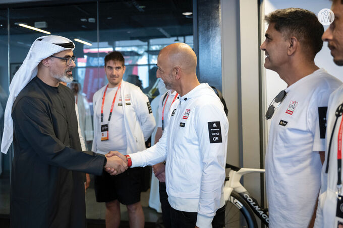 Khaled bin Mohamed bin Zayed meets UAE Team Emirates XRG cyclists on 2nd stage of UAE Tour 2025