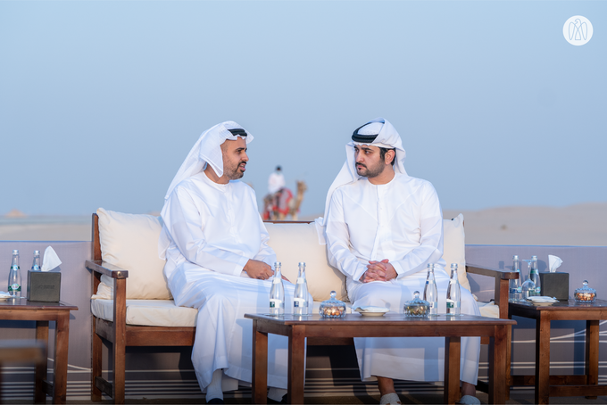 Maktoum bin Mohammed bin Rashid and Theyab bin Mohamed bin Zayed witness the connection of Abu Dhabi and Dubai with a direct railway within the “UAE National Rail Network”