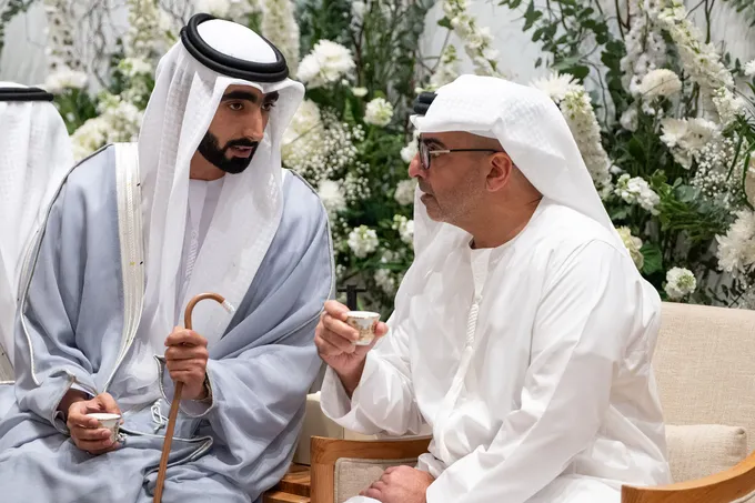 Hamed bin Zayed, Nahyan bin Mubarak and Khalifa bin Tahnoon bin Mohammed attend reception for Al Hameli and Al Remeithi weddings in Abu Dhabi 