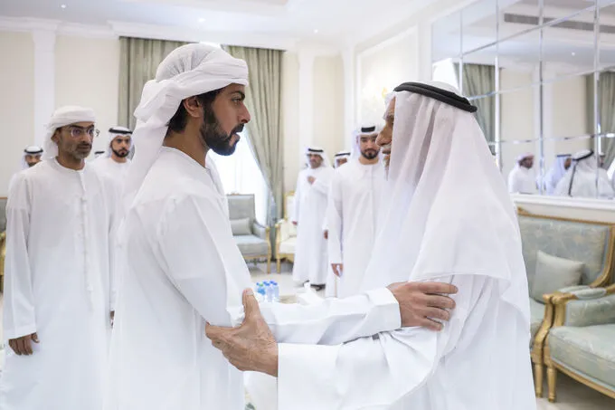 Khalifa bin Tahnoon bin Mohammed offers condolences on the passing of Ahmed bin Humaid Al Mansouri's wife