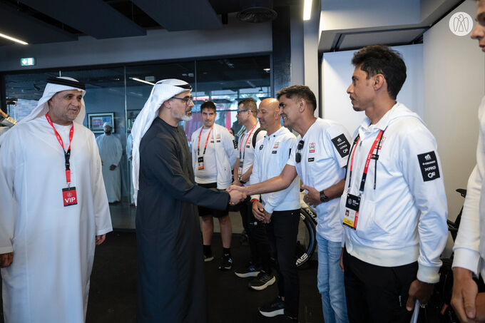 Khaled bin Mohamed bin Zayed meets UAE Team Emirates XRG cyclists on 2nd stage of UAE Tour 2025