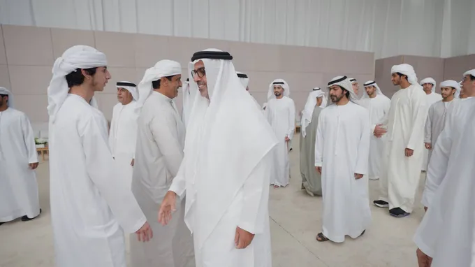 Hamed bin Zayed and Khalifa bin Tahnoon bin Mohammed attend Ali Mohammed Al Neyadi wedding reception