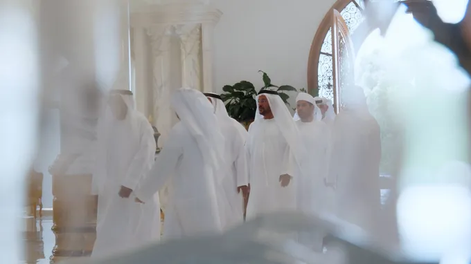 Hazza bin Zayed receives sheikhs, officials and citizens at Al Maqam Palace in Al Ain Region