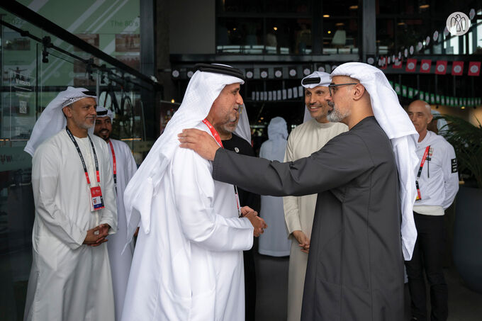 Khaled bin Mohamed bin Zayed meets UAE Team Emirates XRG cyclists on 2nd stage of UAE Tour 2025