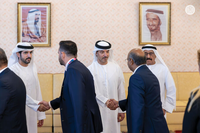 Hamdan bin Mohammed bin Rashid receives Hazza bin Zayed in Dubai
