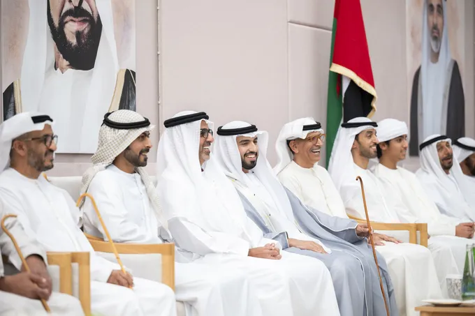 Hamed bin Zayed and Khalifa bin Tahnoon bin Mohammed attend Ali Mohammed Al Neyadi wedding reception