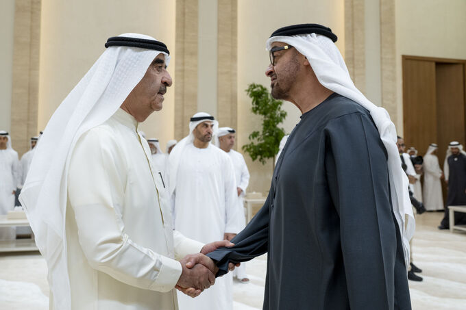 UAE President receives condolences from Rulers of Sharjah, Umm Al Qaiwain, Representative of Sultan of Oman on passing of Sheikh Tahnoun bin Mohammed