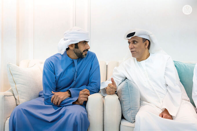 Hazza bin Zayed visits Saeed bin Tahnoon bin Mohammed and exchanges Ramadan greetings