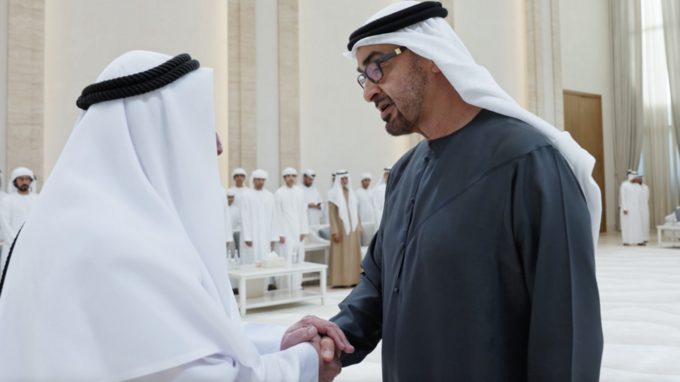 UAE President receives condolences from Rulers of Sharjah, Umm Al Qaiwain, Representative of Sultan of Oman on passing of Sheikh Tahnoun bin Mohammed