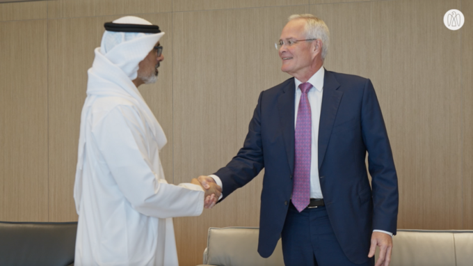 Khaled bin Mohamed bin Zayed receives ExxonMobil Chairman and CEO Darren Woods