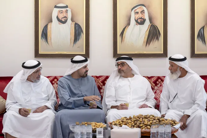 V|Hamed bin Zayed and Theyab bin Mohamed bin Zayed offer condolences on the passing of martyr Mohamed Hazza Al Mansouri’s mother