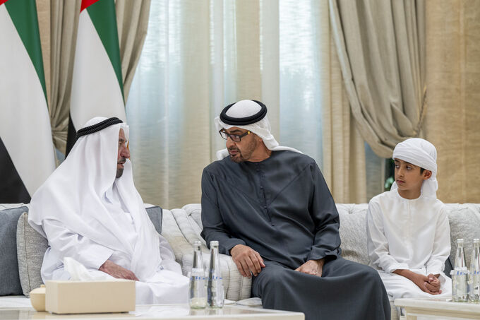 UAE President receives condolences from Rulers of Sharjah, Umm Al Qaiwain, Representative of Sultan of Oman on passing of Sheikh Tahnoun bin Mohammed