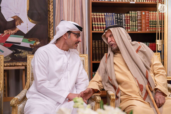 Hazza bin Zayed visits Ahmed Khalifa Al Suwaidi and exchanges Ramadan greetings