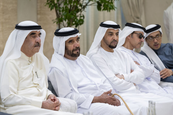 UAE President receives condolences from Rulers of Sharjah, Umm Al Qaiwain, Representative of Sultan of Oman on passing of Sheikh Tahnoun bin Mohammed