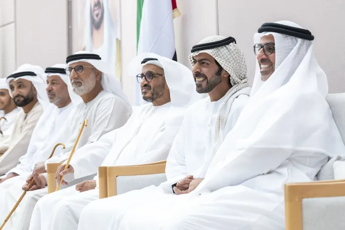Hamed bin Zayed and Khalifa bin Tahnoon bin Mohammed attend Ali Mohammed Al Neyadi wedding reception