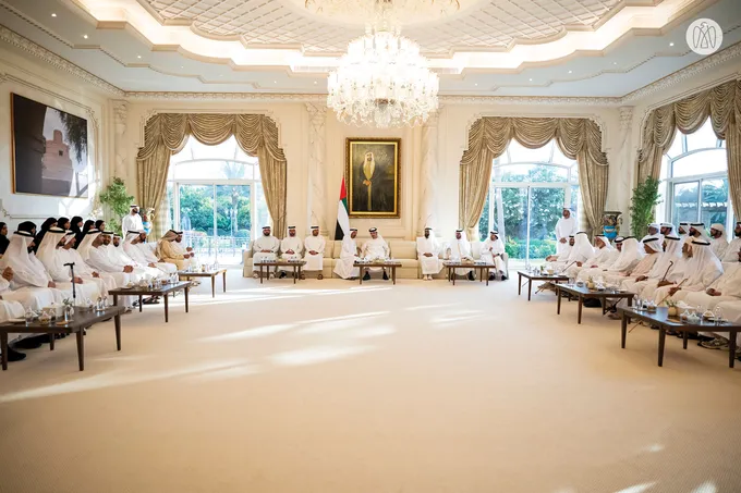 Hazza bin Zayed receives sheikhs, officials and citizens at Al Maqam Palace in Al Ain Region