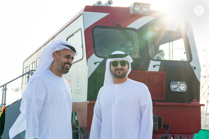 Maktoum bin Mohammed bin Rashid and Theyab bin Mohamed bin Zayed witness the connection of Abu Dhabi and Dubai with a direct railway within the “UAE National Rail Network”