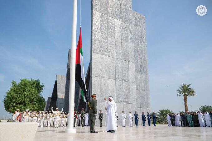 Theyab bin Mohamed bin Zayed raises UAE flag at Wahat Al Karama to mark UAE Flag Day 