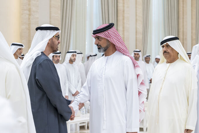 UAE President receives condolences from Rulers of Sharjah, Umm Al Qaiwain, Representative of Sultan of Oman on passing of Sheikh Tahnoun bin Mohammed