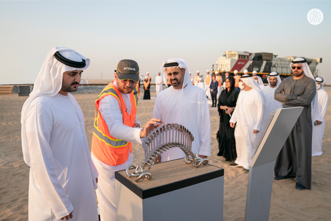 Maktoum bin Mohammed bin Rashid and Theyab bin Mohamed bin Zayed witness the connection of Abu Dhabi and Dubai with a direct railway within the “UAE National Rail Network”