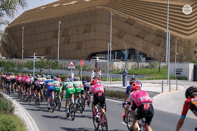 Khaled bin Mohamed bin Zayed greets cyclists participating in Stage 6 of UAE Tour 2023