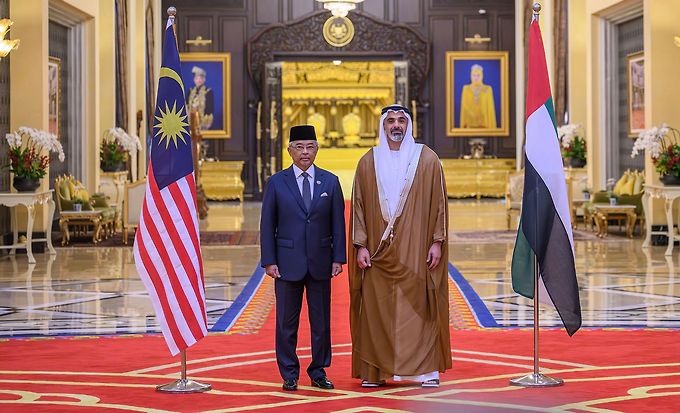 King Al-Sultan Abdullah Sultan Ahmed Shah of Malaysia welcomes Khaled bin Mohamed bin Zayed in Kuala Lumpur