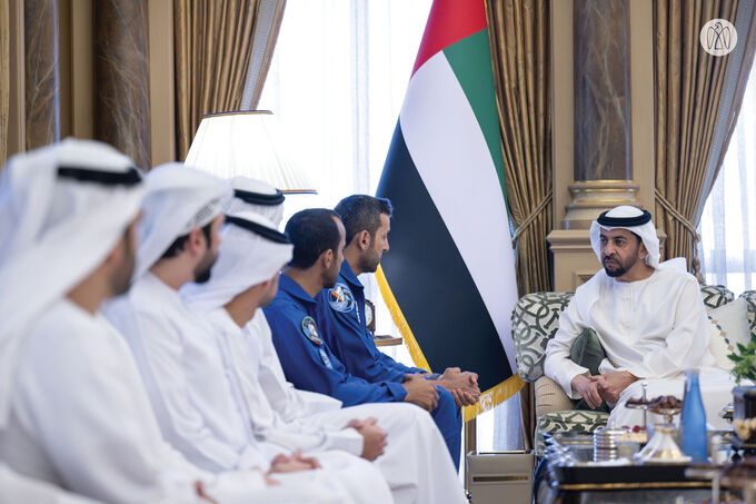 Hamdan bin Zayed receives delegation from space sector at Al Nakheel Palace