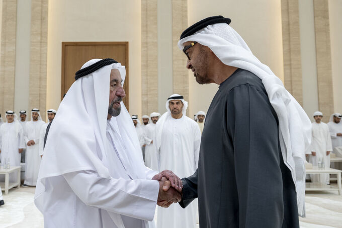 UAE President receives condolences from Rulers of Sharjah, Umm Al Qaiwain, Representative of Sultan of Oman on passing of Sheikh Tahnoun bin Mohammed