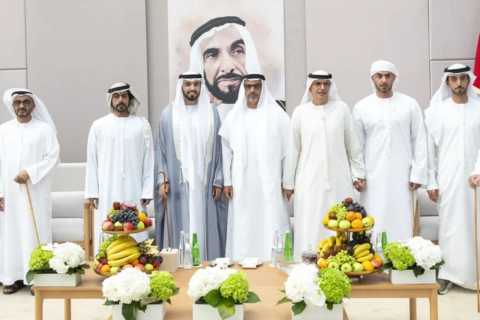 Hamed bin Zayed and Khalifa bin Tahnoon bin Mohammed attend Ali Mohammed Al Neyadi wedding reception