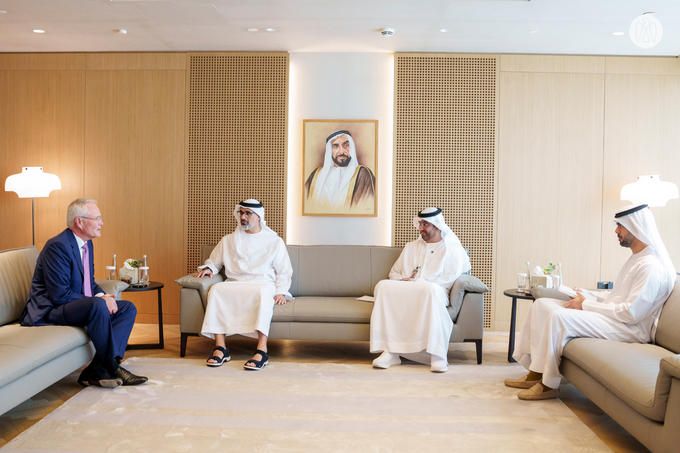 Khaled bin Mohamed bin Zayed receives ExxonMobil Chairman and CEO Darren Woods