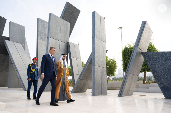 Theyab bin Mohamed bin Zayed receives Prime Minister of Republic of North Macedonia at Wahat Al Karama