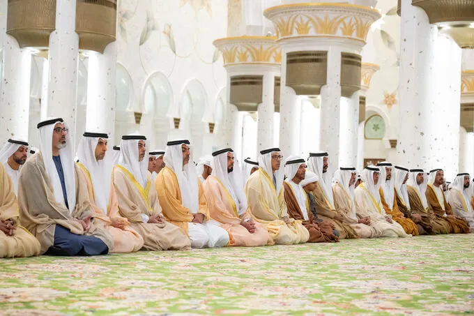 Mansour bin Zayed, Khaled bin Mohamed bin Zayed perform Eid prayer at Sheikh Zayed Grand Mosque