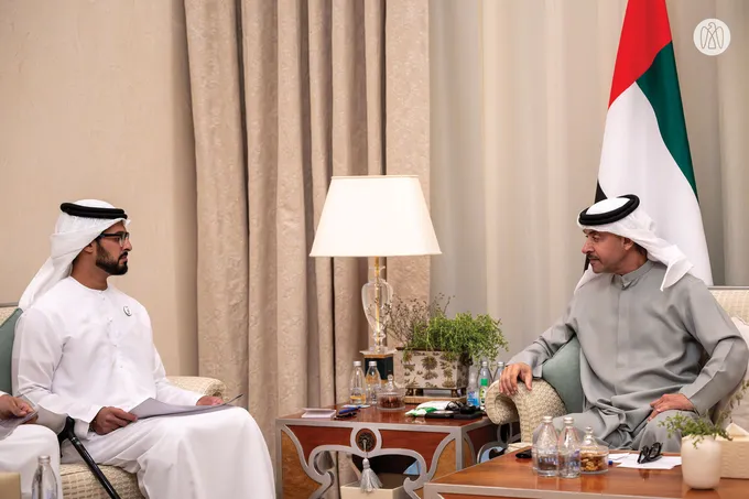 Hazza bin Zayed receives delegation from IHC and 2PointZero Group