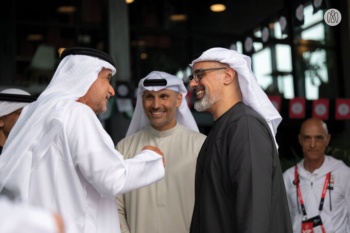 Khaled bin Mohamed bin Zayed meets UAE Team Emirates XRG cyclists on 2nd stage of UAE Tour 2025
