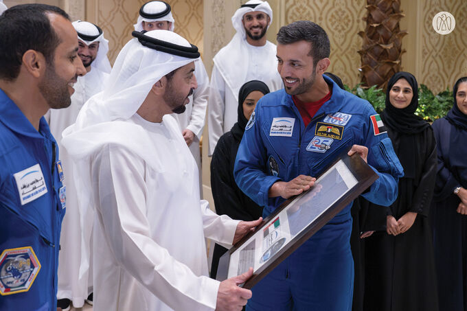 Hamdan bin Zayed receives delegation from space sector at Al Nakheel Palace