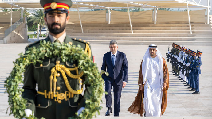 Theyab bin Mohamed bin Zayed receives Prime Minister of Romania at Wahat Al Karama