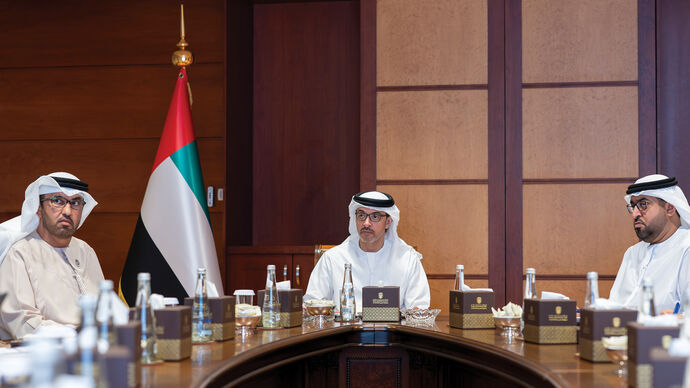 Hazza bin Zayed receives delegation from Ministry of Industry &amp; Advanced Technology and ADNOC to review development initiatives in Al Ain Region