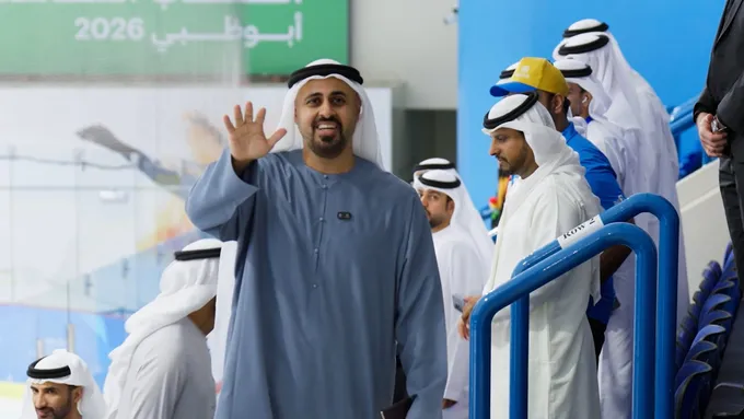 Theyab bin Mohamed bin Zayed attends Open Masters Games Abu Dhabi 2026 ice hockey competitions