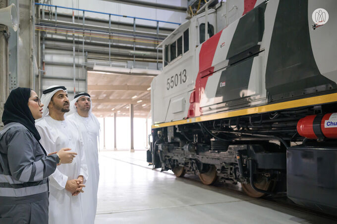 Hamdan bin Zayed reviews progress at Etihad Rail Depot in Al Mirfa City