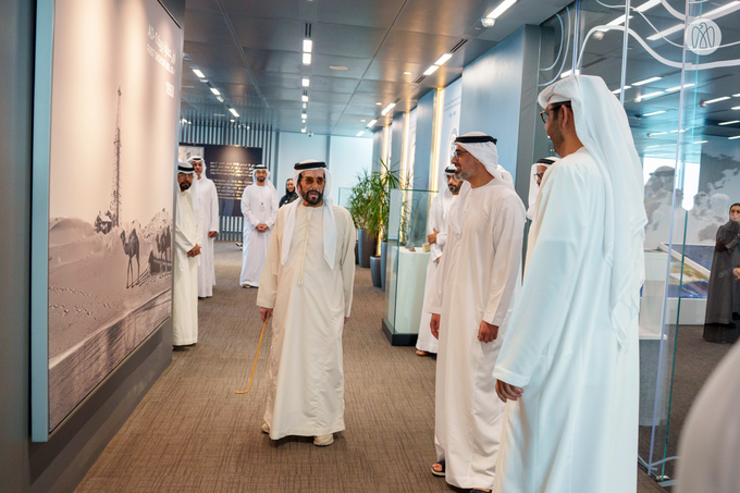 Khaled bin Mohamed bin Zayed receives Tahnoon bin Mohammed Al Nahyan at ADNOC headquarters during visit to review company’s role in advancing national economic growth