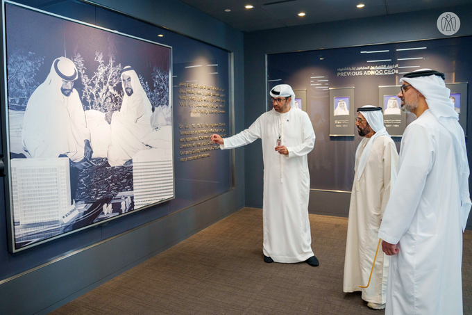 Khaled bin Mohamed bin Zayed receives Tahnoon bin Mohammed Al Nahyan at ADNOC headquarters during visit to review company’s role in advancing national economic growth