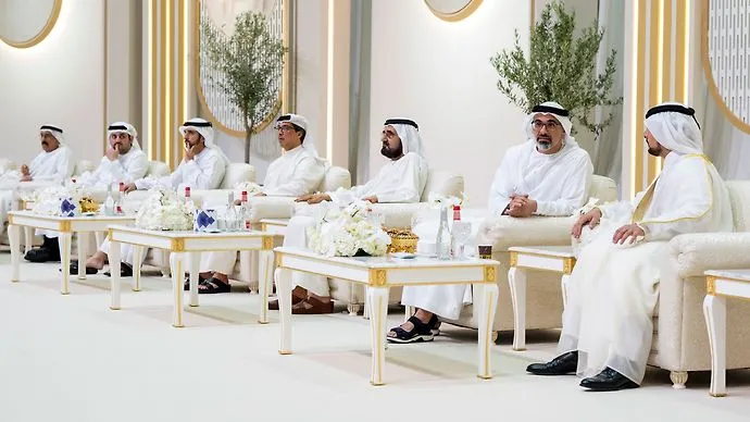 Mohamed bin Rashid receives congratulations from Mansour bin Zayed and Khaled bin Mohamed bin Zayed on the occasion of the Al Maktoum wedding