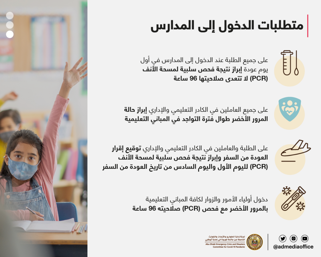 لجنة إدارة الطوارئ والأزمات والكوارث في أبوظبي تعتمد العودة التدريجية للتعليم الصفي لجميع طلبة المدارس الحكومية والخاصة والجامعات والكليات والمعاهد التدريبية في الإمارة
