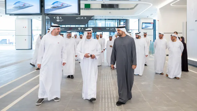 Ruler of Fujairah, Crown Prince of Fujairah, and Theyab bin Mohamed bin Zayed visit Fujairah passenger station following full completion as part of Etihad Rail Network