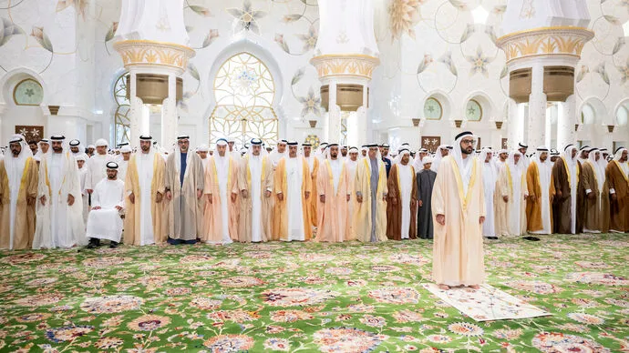 Mansour bin Zayed, Khaled bin Mohamed bin Zayed and Sheikhs perform Eid prayer at Sheikh Zayed Grand Mosque in Abu Dhabi