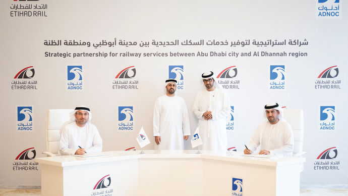 Theyab bin Mohamed bin Zayed witnesses signing of strategic partnership between Etihad Rail and ADNOC to establish rail services between Abu Dhabi City and Al Dhannah