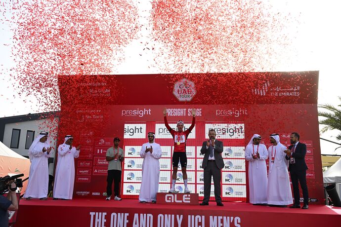 Mohammed bin Khalifa bin Mohammed and Hamdan bin Sultan bin Hamdan honour winners of UAE Tour second stage