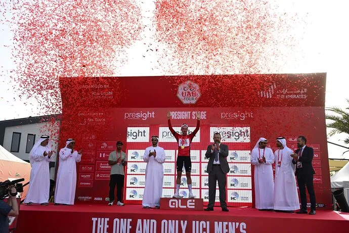 Mohammed bin Khalifa bin Mohammed and Hamdan bin Sultan bin Hamdan honour winners of UAE Tour second stage
