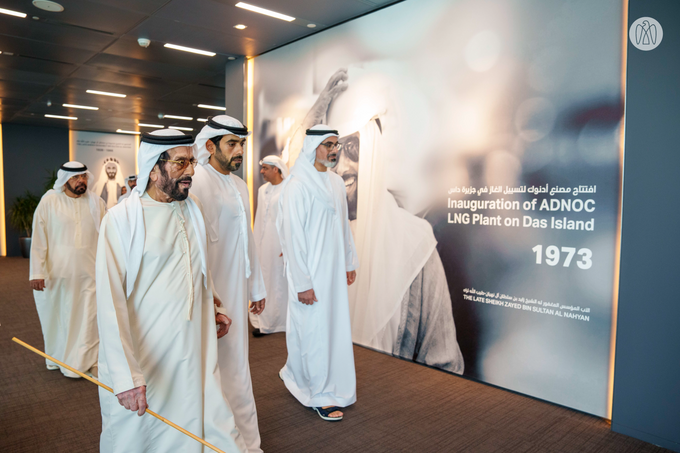 Khaled bin Mohamed bin Zayed receives Tahnoon bin Mohammed Al Nahyan at ADNOC headquarters during visit to review company’s role in advancing national economic growth